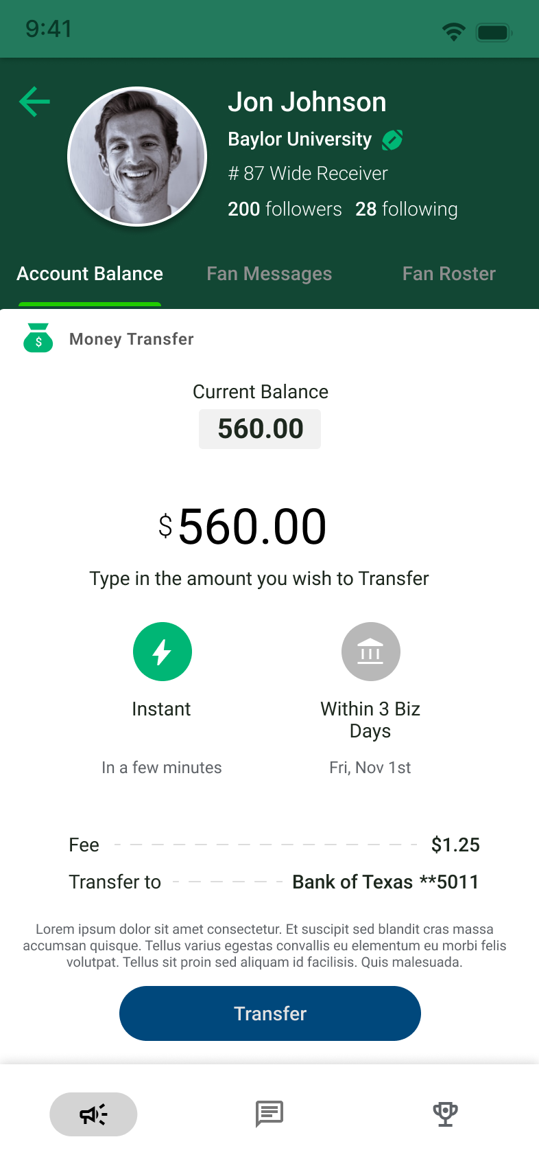MVP athlete view: account balance and money transfer screen